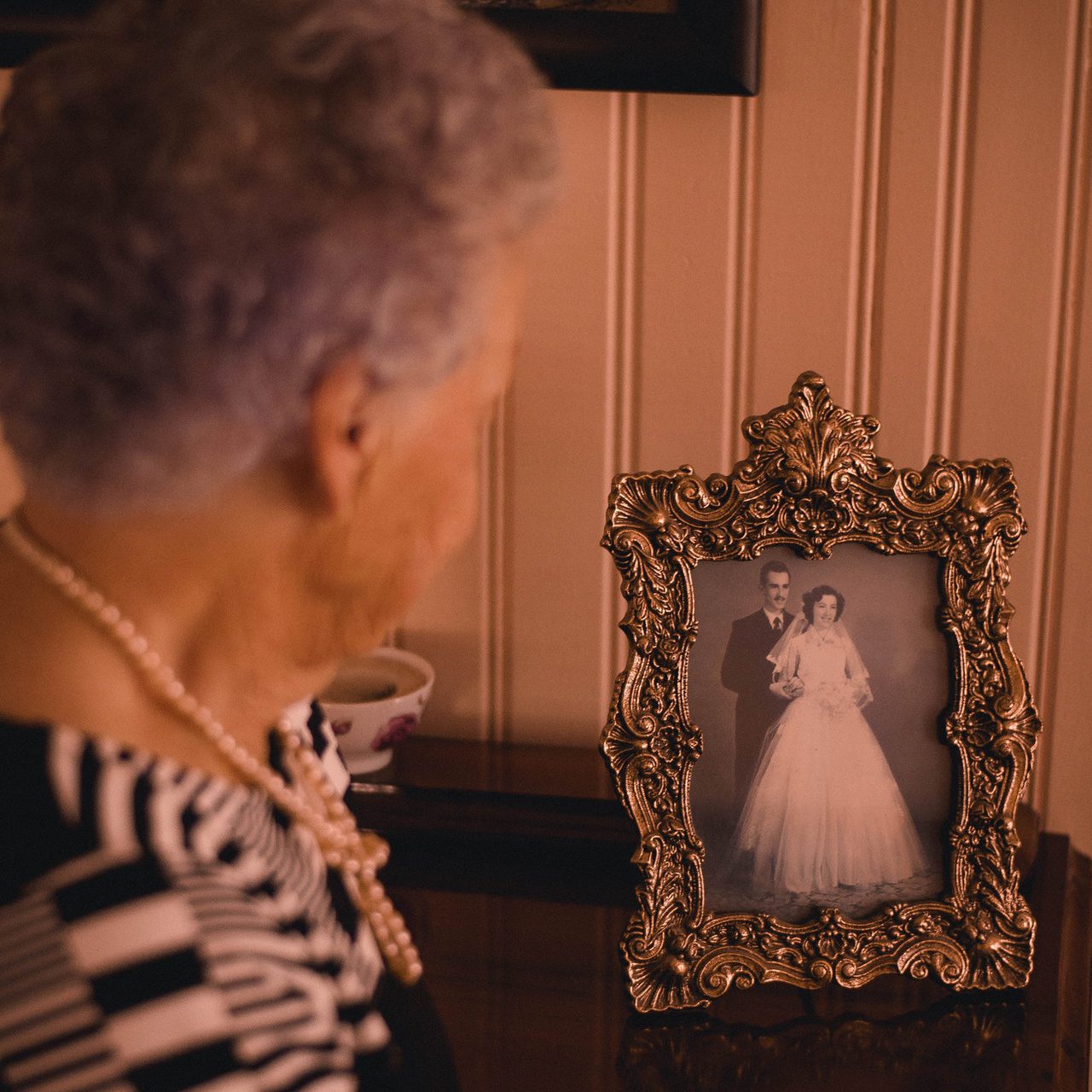 Vintage wedding photo in ornate frame