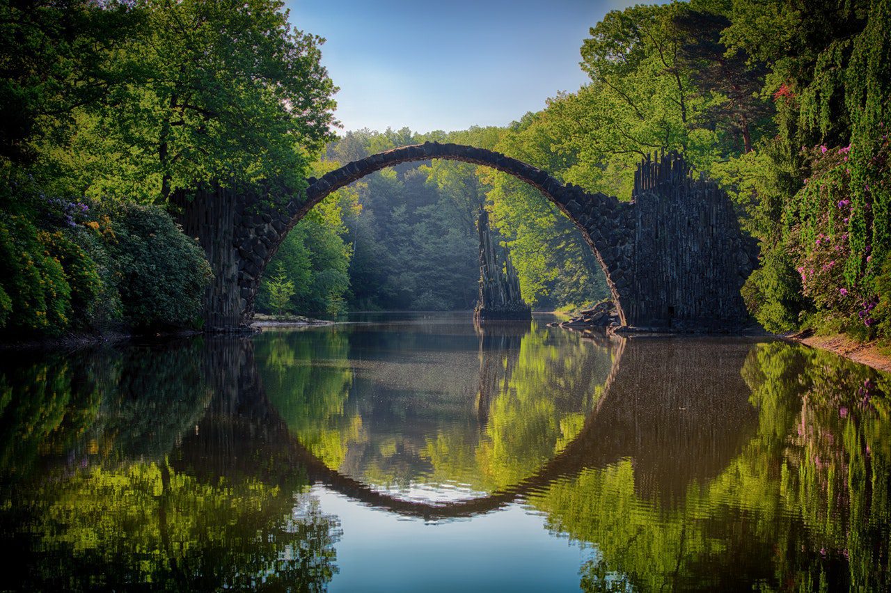 Scenic arch bridge surrounded by greenery