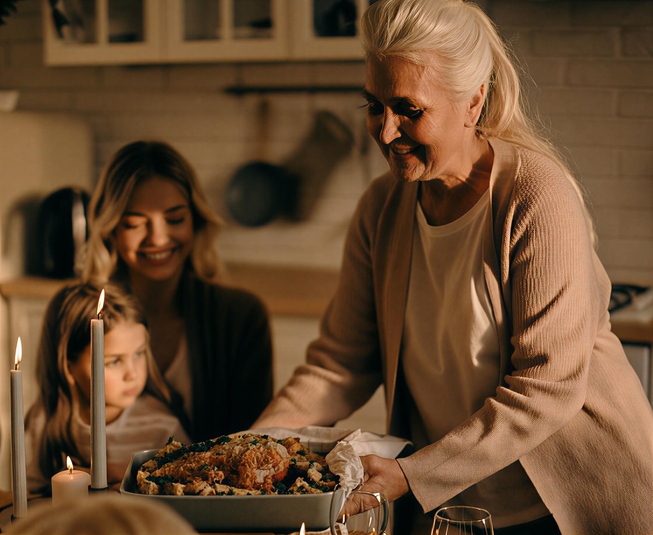 Smiling elderly woman serving food to family at dinner table.